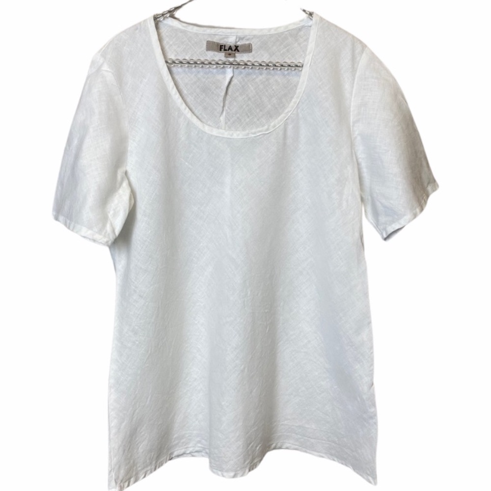 FLAX White Linen Scoop Neck Short Sleeve Tee SM